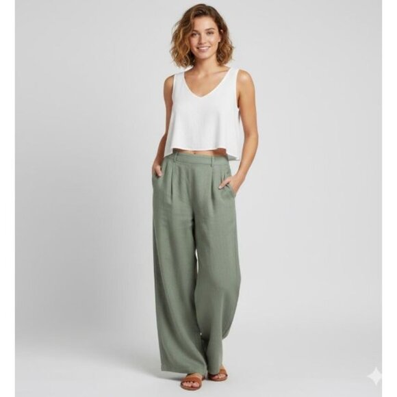 Vitamin A Pants - Vitamin A High Rise Womens Size XS Elastic Waist Wide-Leg Linen Pants Sage Green